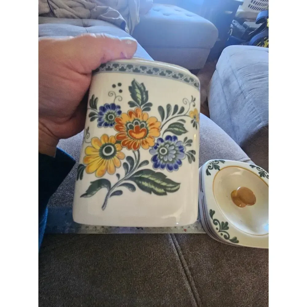 Vintage Daeware Korea Floral Canister Set 2 Square Ceramic Kitchen Jars